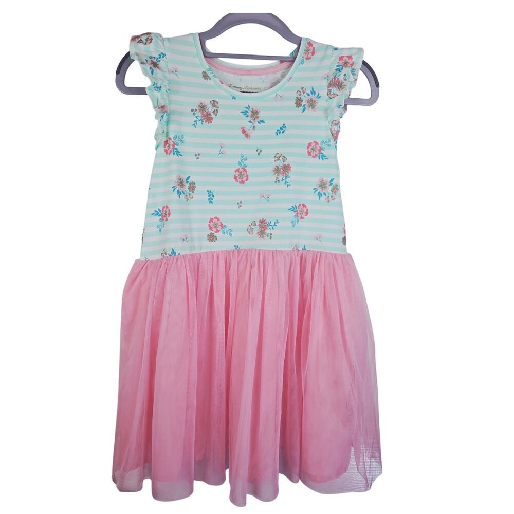 Tommy Bahama Hawiian Pink Blue Floral Tulle Skirt Ruffle Sleeve Girls Dress L-10